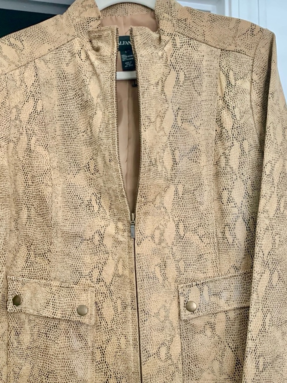 Alfani Beige Snake-Print Zip LEATHER Jacket